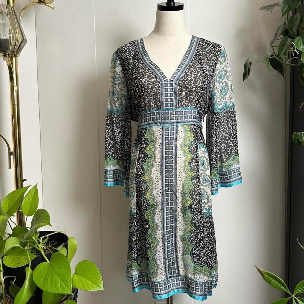 INC Silk Paisley Asian Print V-Neck Midi Dress Blue Green Size 12